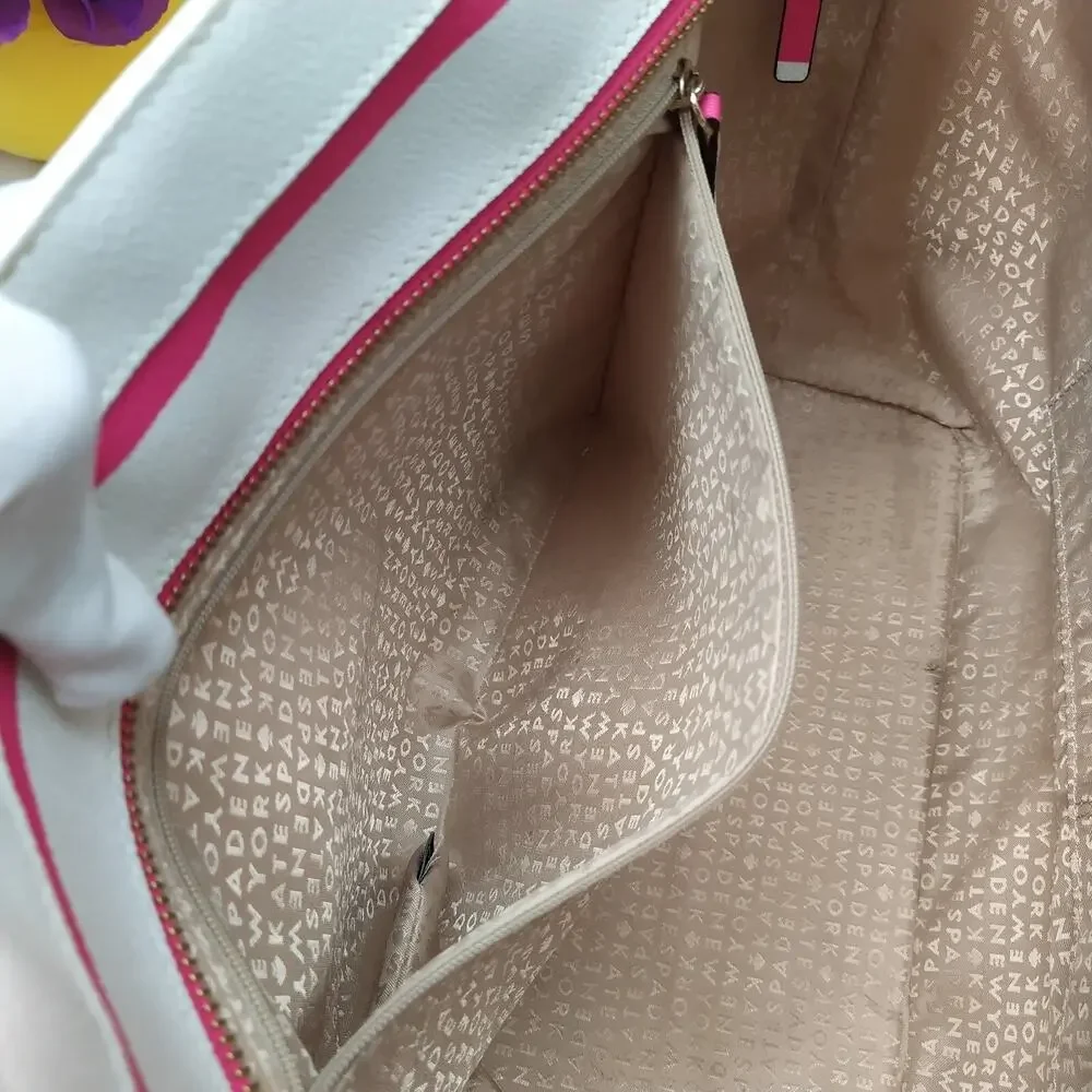 Kate Spade Pink Stripe Leather Trim Bow Double Handles Zipper Tote Shoulder Bag